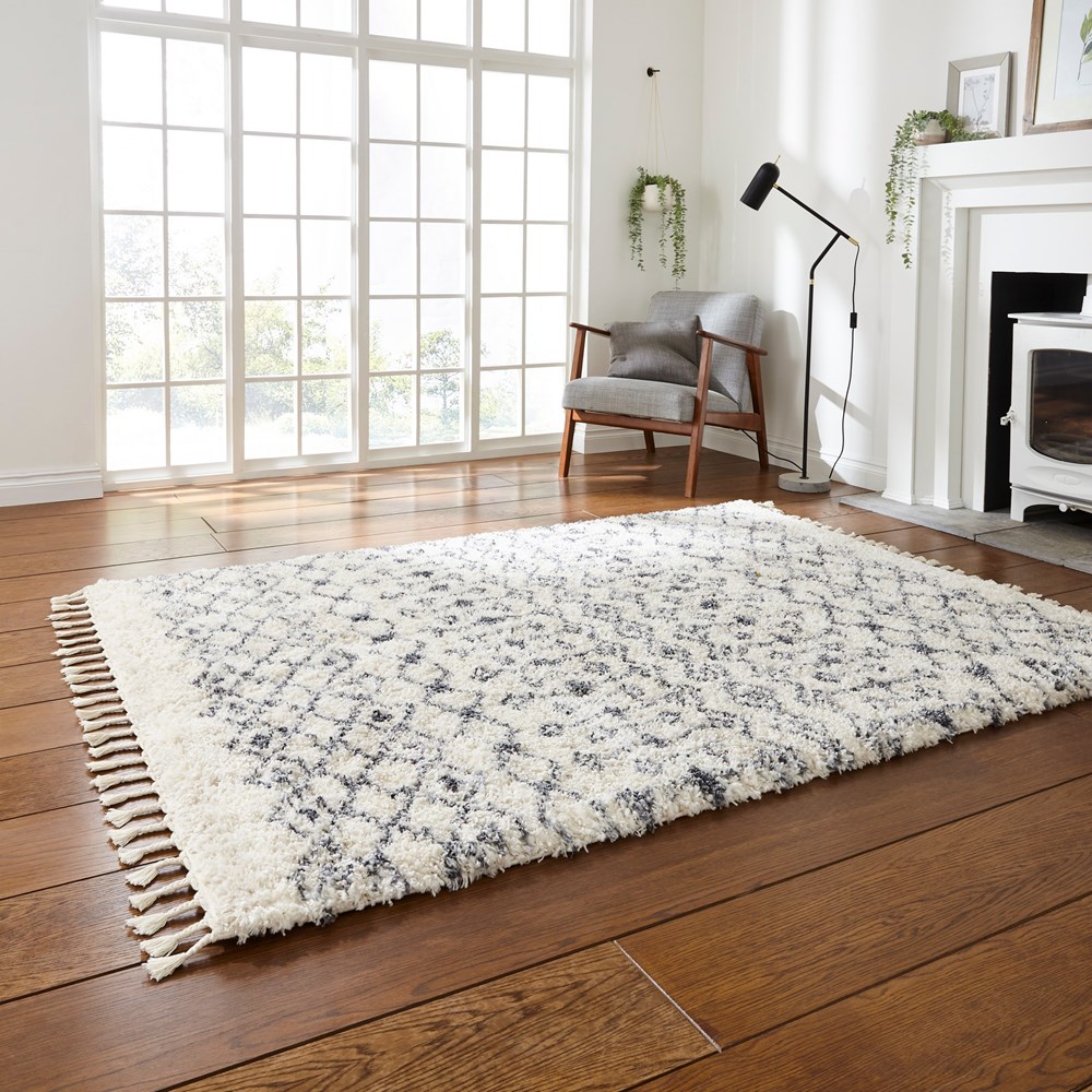 Boho Moroccan 1697 Shaggy Rugs in Ivory Grey